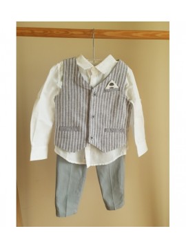 Boboli lininis komplektukas ( marškinukai su liemene ir kelnytės ). Spalva balta / pilka dryžuota