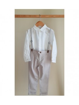 Boboli lininis komplektukas (kelnytės ir marškinukai ). Spalva balta / šviesiai smėlio spalvos