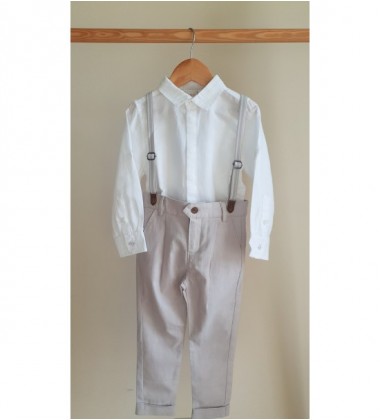 Boboli lininis komplektukas (kelnytės ir marškinukai ). Spalva balta / šviesiai smėlio spalvos