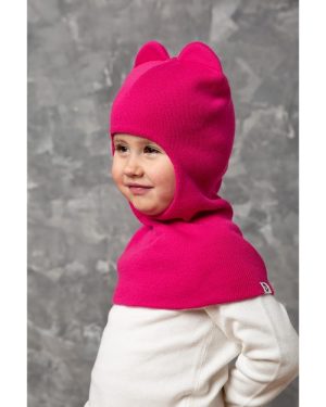 Knitas šukuotinės medvilnės pavasarinis-rudeninis šalmukas. Spalva avietė