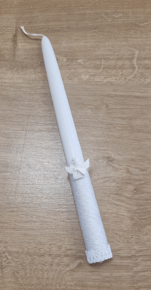 Krikšto balta žvakė su papuošimu 30 cm